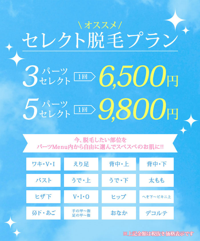 オススメ セレクト脱毛プラン 今、脱毛したい部位をパーツMenu内から自由に選んでスベスベのお肌に!! ワキ・V・I えり足 背中・上 背中・下 バスト うで・上 うで・下 太もも ヒザ下 V・I・O ヒップ へそ下～ビキニ上 鼻・あご 手の甲～指 足の甲～指 おなか デコルテ